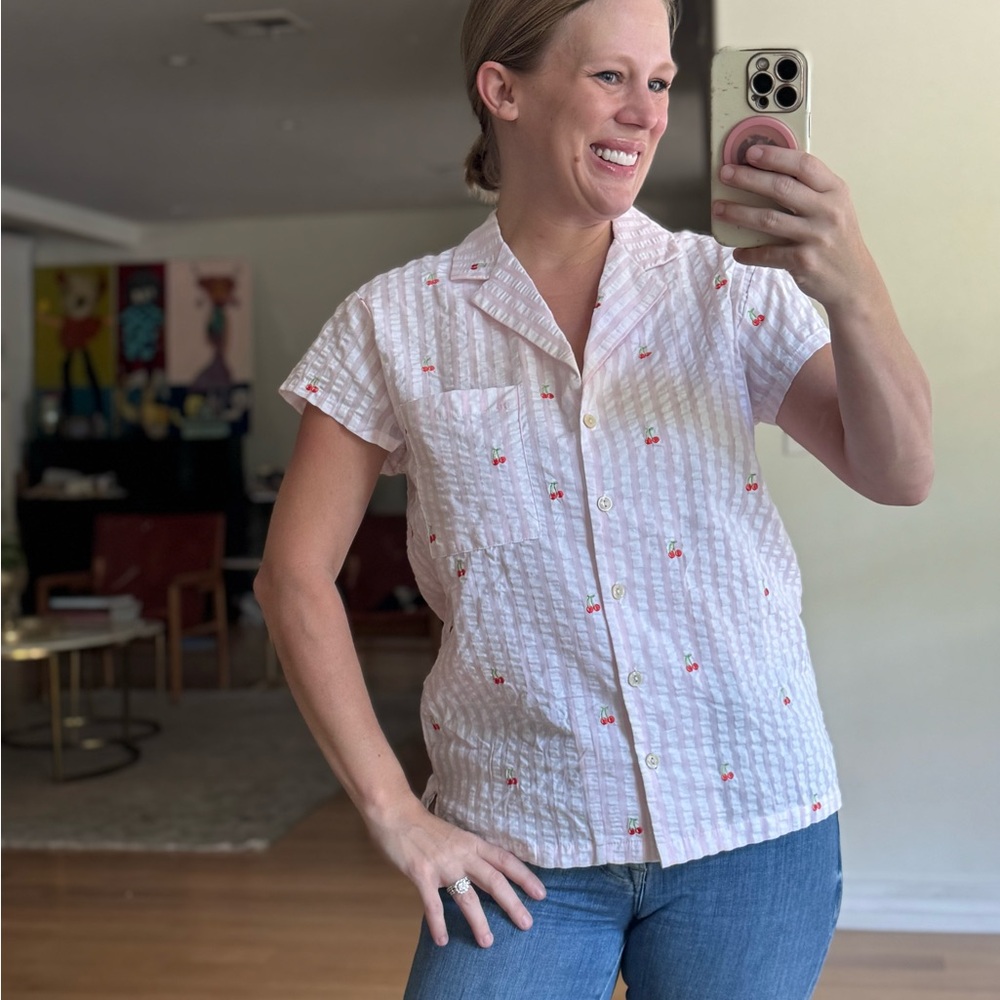 NWT Starfit Cherry Top Short Sleeve Shirt Size Small Pink Stripes Pajama Blouse